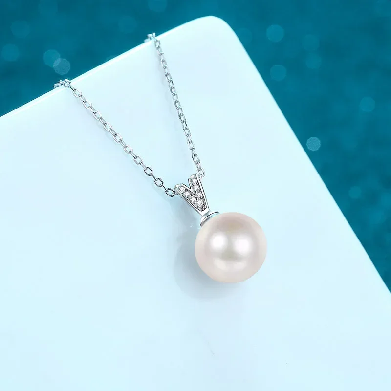 

Classic 10mm Natural Pearl Pendant 0.45Carat Real Moissanite Diamond Necklace, Wedding Party Cute Platinum PT950 Chain for Women
