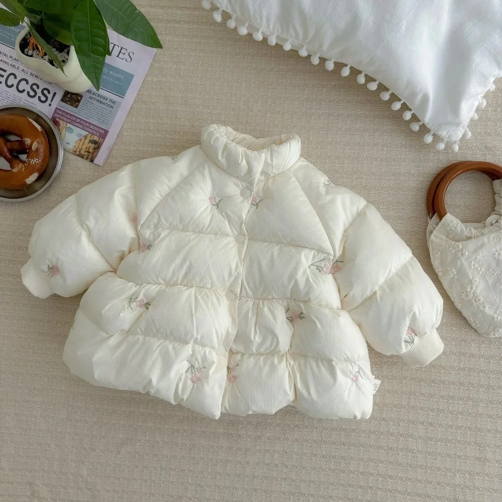 

2025 Korean Fashion New Baby Girls Winter Coat Thick Plush-Lined Cotton Jacket Warm Floral Outerwear for Toddlers