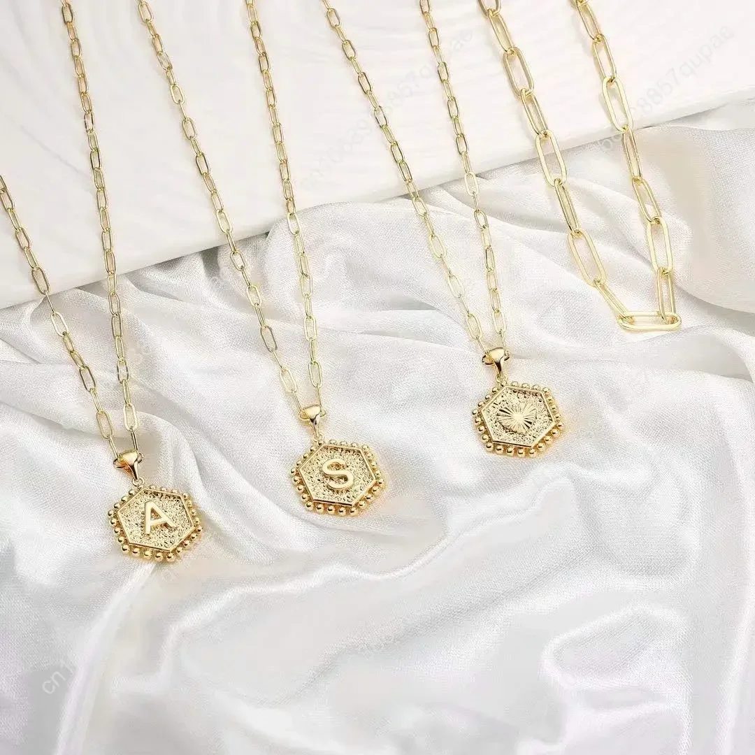 Dainty Gold Necklace for Women 14K Solid Gold Over Layering Necklaces Womens Fashion Cute Hexagon Letter Initial Necklaces