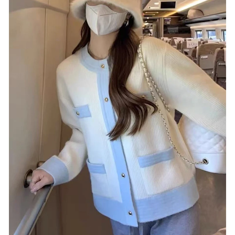 Lazy Wind Loose Knitted Cardigan Women Casual Color Block Patchwork Chic Pocket Sweater Fall Winter All Match Knitwear Outwear