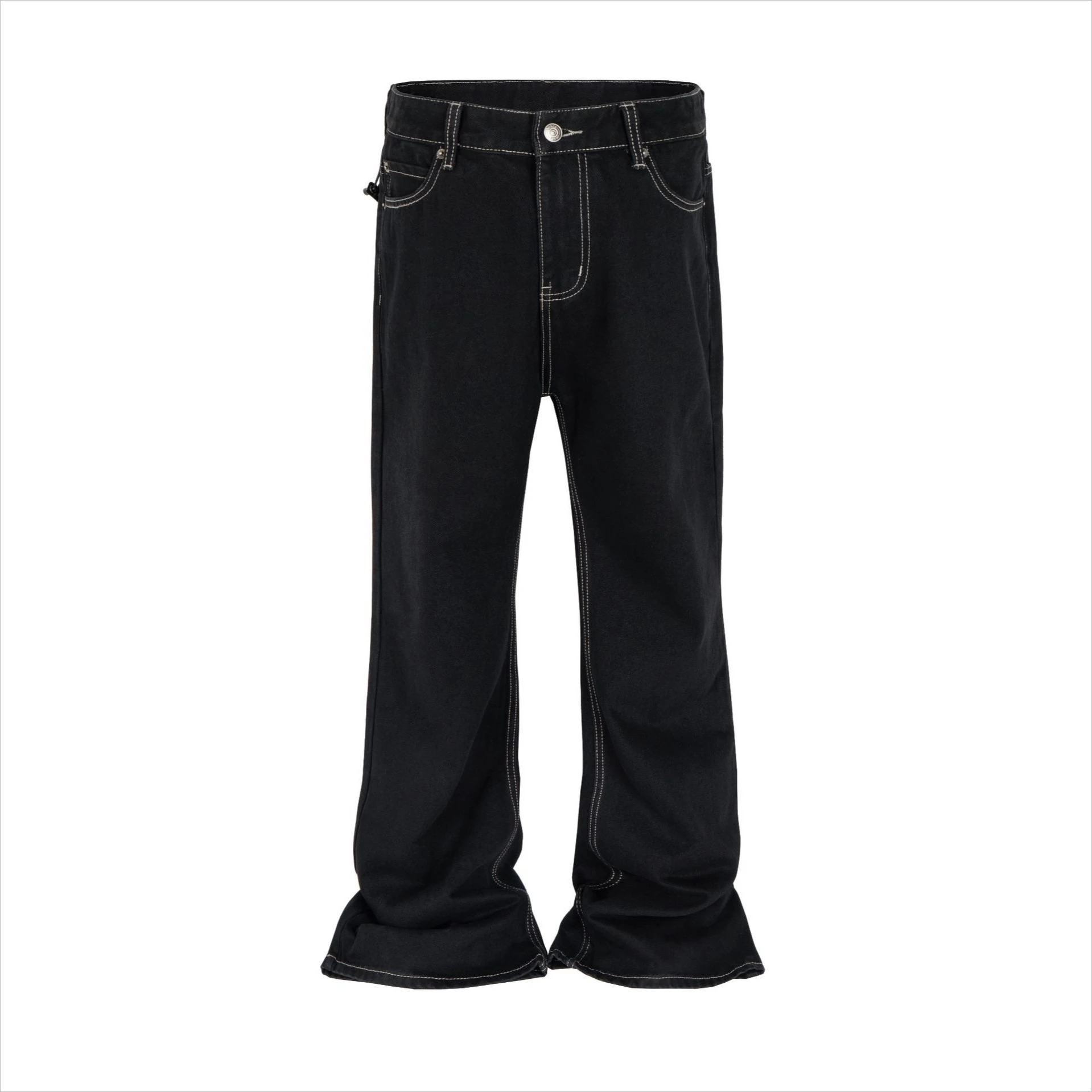 Distressed Back Curved Hem Slit Ripped Bootcut Jeans Baggy Streetwear Retro American Original Black Flare Jeans Pants for Men