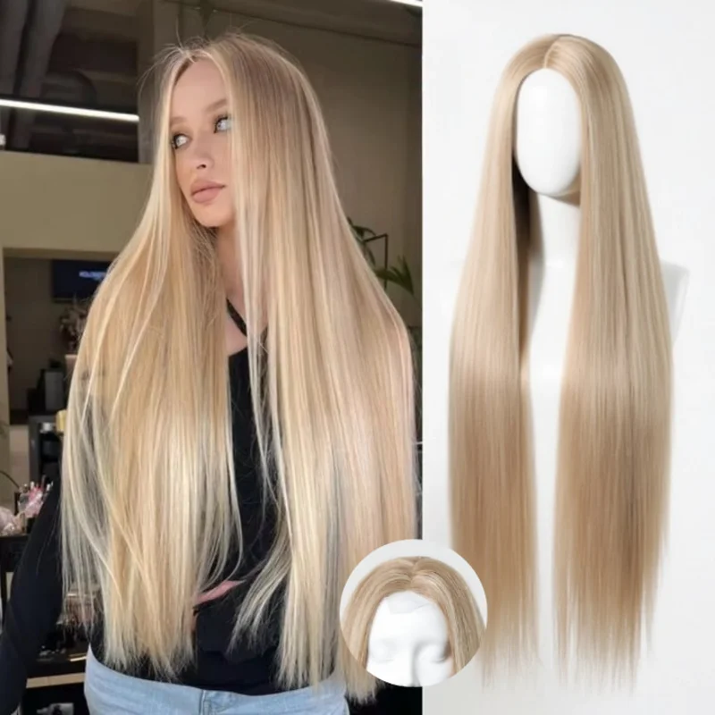 

Golden Blonde Ombre Synthetic Wigs Female Lace Front Straight Wig Center Part Heat Resistant Hair for Women Daily Party Use