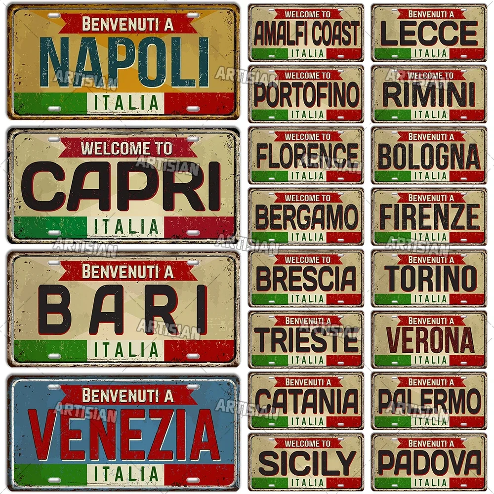 CIFBUY Vintage Italy City Metal License Plate Tin Sign, Retro Roma Milano Venezia Town Wall Plaque, 2D Flat Printing Wall Decor