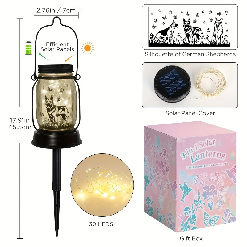 فانوس الراعي الألماني الشمسي - ضوء تذكاري كلاسيكي معدني للكلاب مع فراشات وزهور، معلق |   لا حاجة للكهرباء