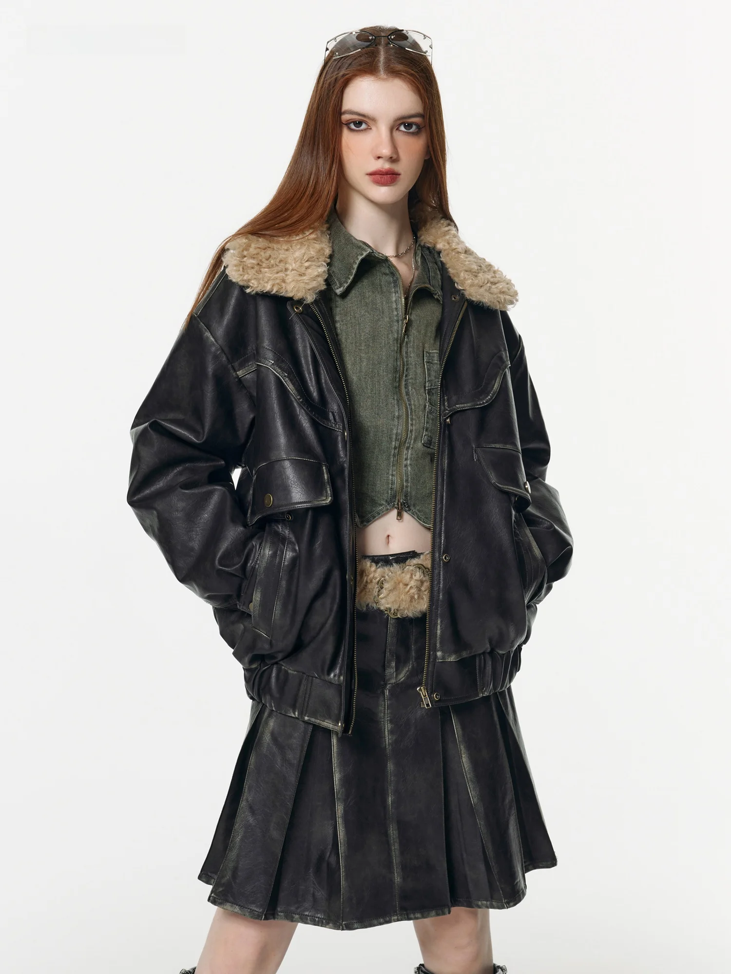 

Vone eeE Американский ретро съемный меховой воротник Bla Spicy Girl кожаный джет хлопок сэндвич Thiened женское пальто из искусственной кожи