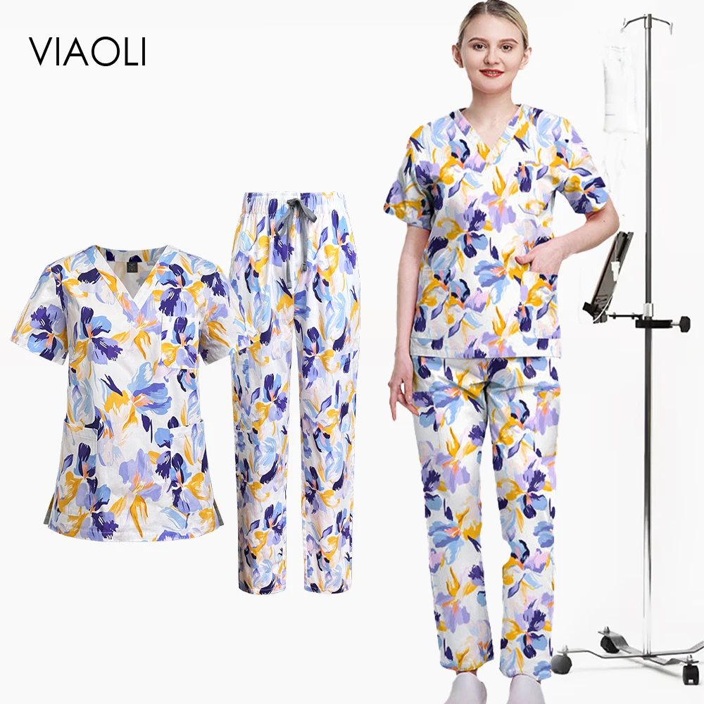

Unisex 100% Cotton Scrubs Top Straight Pants Short Sleeve Printed Uniform Dentist Overalls Beauty Uniforms Medical Work Wear Set