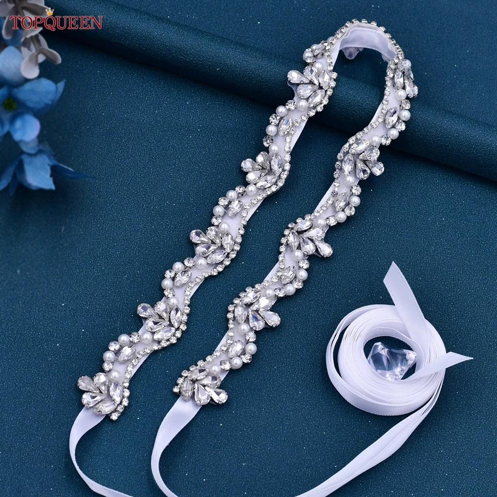 TOPQUEEN S421-S Bridal Belt Luxury Silve Rhinestone Applique Bride Women Wedding Party Evening Gown Dresses Handmade Beaded Sash