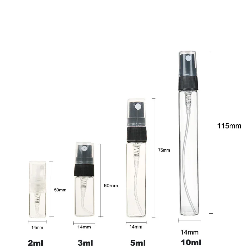 ミニ香水スプレー,詰め替え可能な化粧品サンプル,ガラスボトル,空の旅行用容器,2ml, 3ml, 5ml, 10ml, 100個