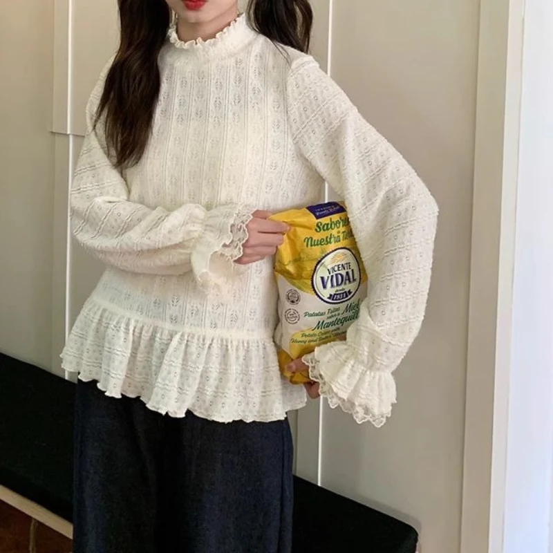 

Lace Base Shirt, Autumn New Style, Sweet and Cute, Loose Fitting, Half High Collar, Pullover, Lace Versatile Top