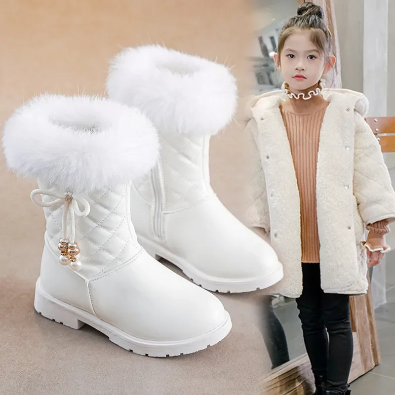 

36 Fashion Tassel Bow Warm Plush Girl Boots for Children's Snow Boots Child Girl Winter Leather Shoes Big Kid Winter Hairy Boots