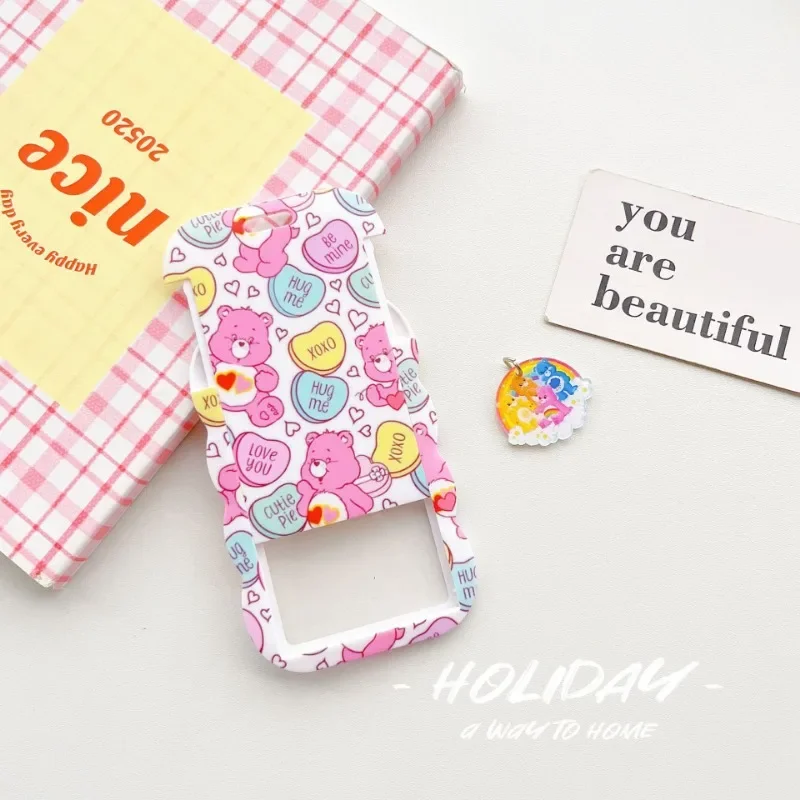 MINISO Carebear Wavy Long Rope Slide Cover Card Sleeve Student ID Card Sliding Card Sleeve Bus Access Control School Bag Pendant