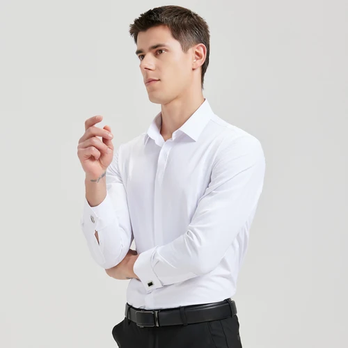 Imagen 2 del producto Camisa de vestir sólida con puños franceses clásicos para hombre, camisas blancas formales de manga larga con solapa frontal y ajuste estándar para trabajo de oficina