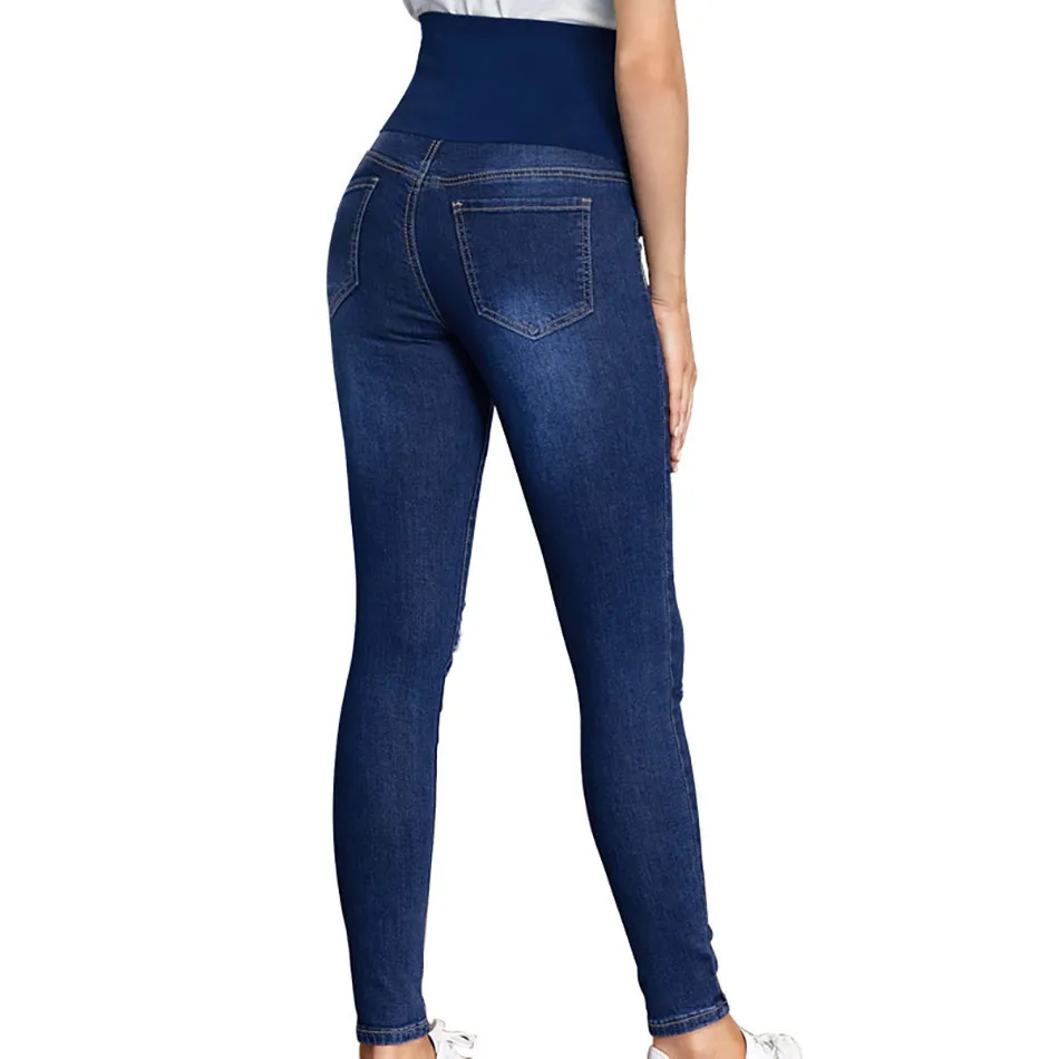 Eleganti pantaloni Jeans premaman a vita alta e fascia addominale strappati e comodi Denim elasticizzato Slim Fit per la primavera e l'autunno