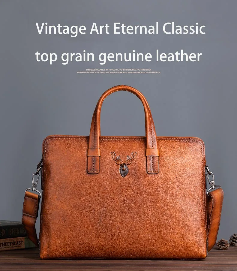 Retro Men's Briefcase Leather Casual Handbag Top Layer Cowhide Shoulder Bags Men Business Bag Pure Leather Laptop Tote Bags