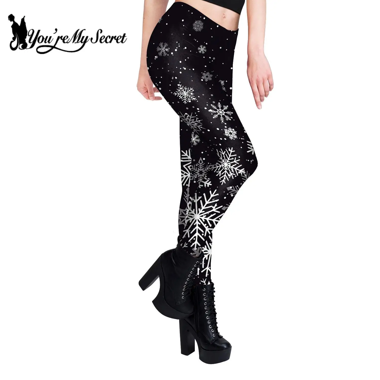 [You're My Secret] 女性用クリスマスレギンス セクシーなスノーフレークプリント ホリデーパーティーパンツ 女性用面白い弾性タイツズボン