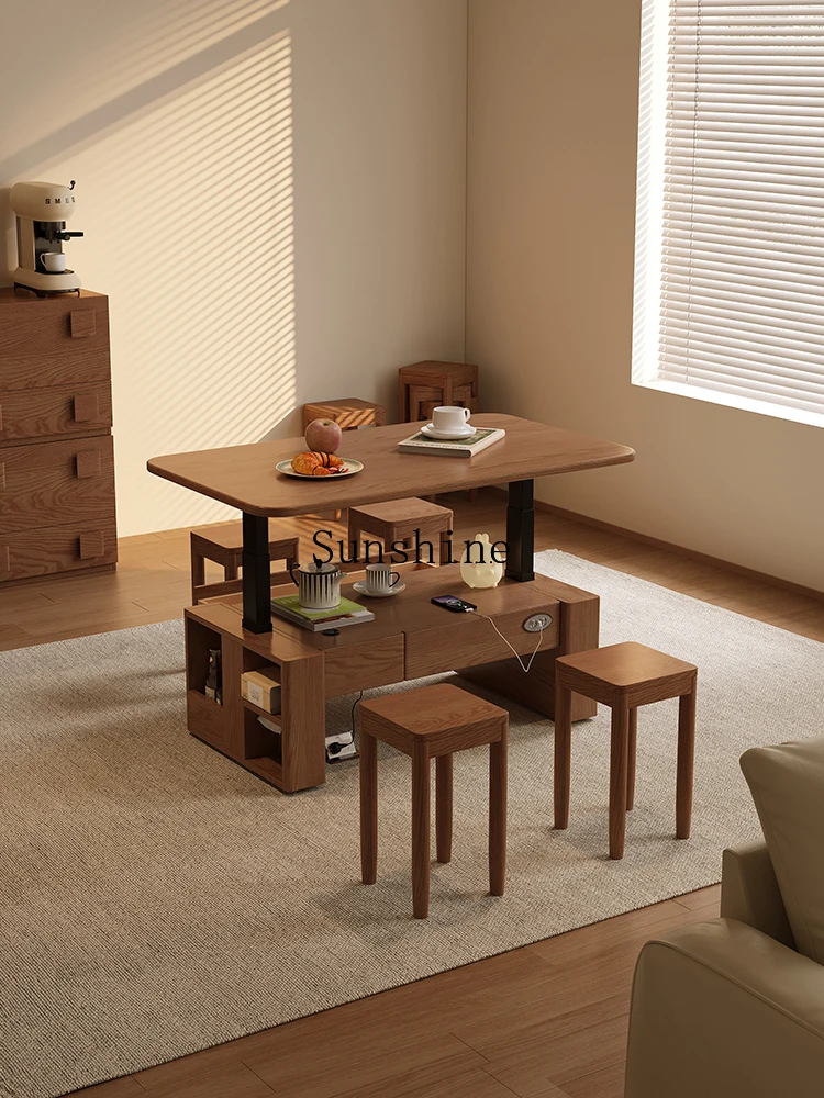 Solid wood intelligent electric lifting coffee table dining table dual-purpose multi-functional small mobile tea table