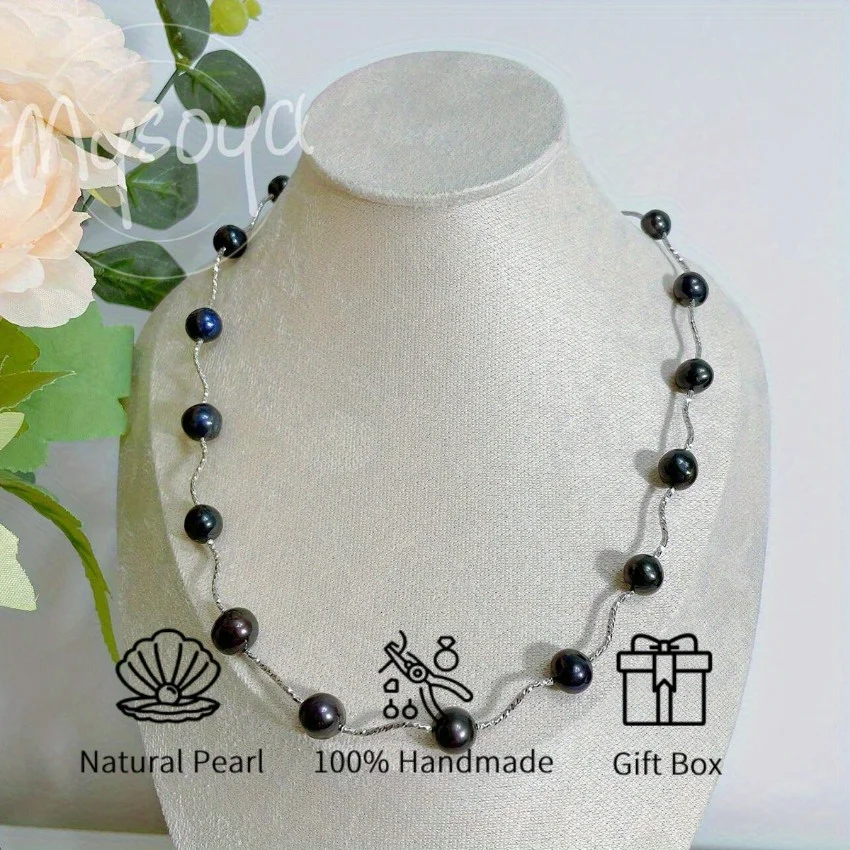 

MYSOYA 9-11mm Natural Black Freshwater Pearl Necklace Luxury Gift Box Handwritten Card Wedding Birthday Gift For Women Men
