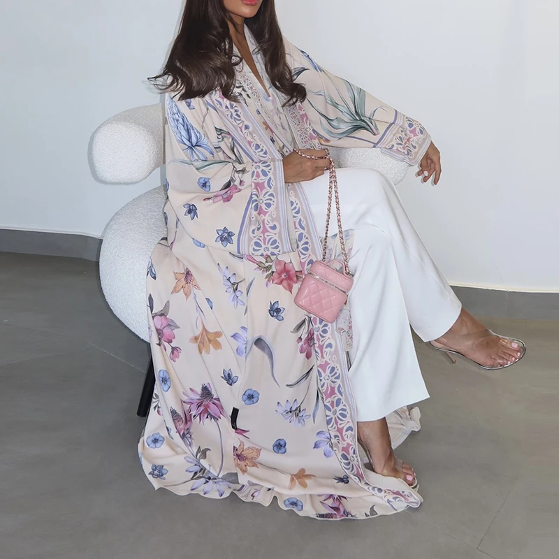 

Spring Fashion Floral Printed Chiffon Coats Autumn Sexy V-neck Cardigans Shawl Women's Casual Long Sleeve Loose Robes Cardigans