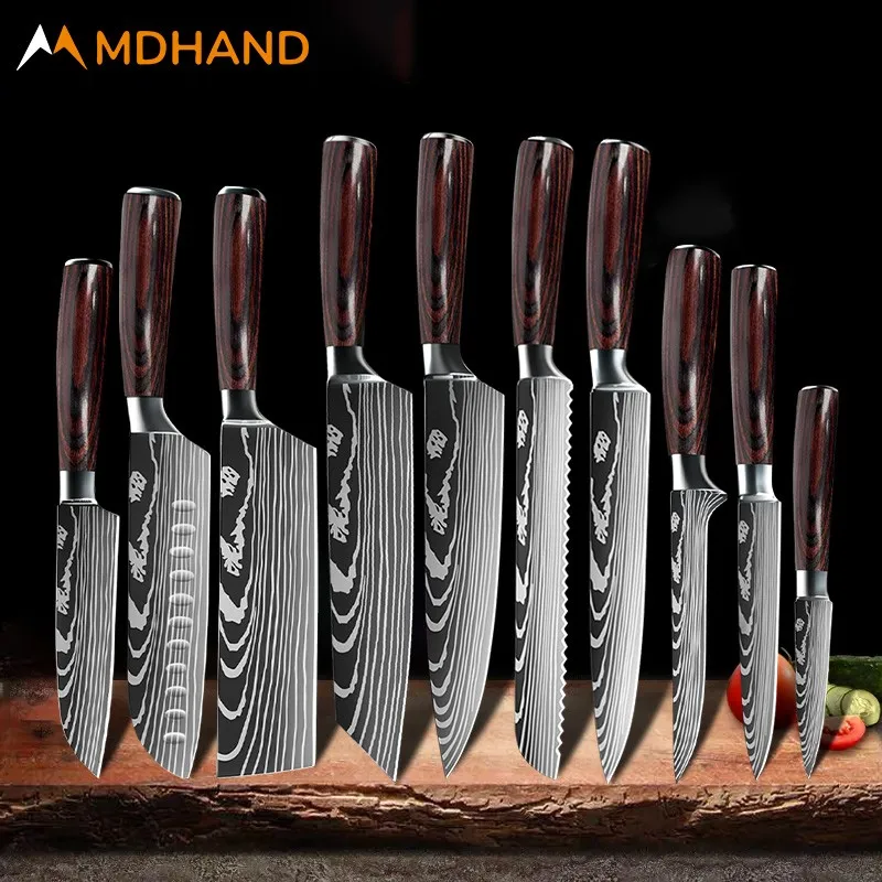 

1-10 PCS Kitchen Knives Set German 7CR17MOV Stainless Steel Japanese Santoku Cleaver Slicing Utility Chef Knife