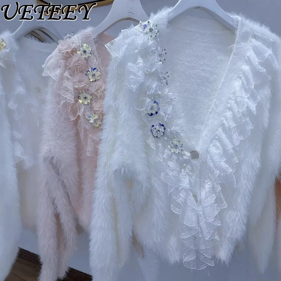 

2024 Winter New Heavy Industry Beaded White Knitted Cardigan Women Niche Ruffle Loose V-neck Thickened Mink Fleece Sweater Coat