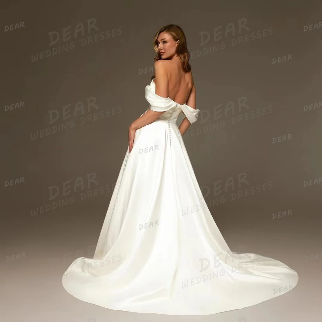 Simple Classic Wedding Dresses A Line For Woman Off Shoulder Bridal Gowns Sexy Split Boat Neck Pleat Satin Formal Robe De Mariée