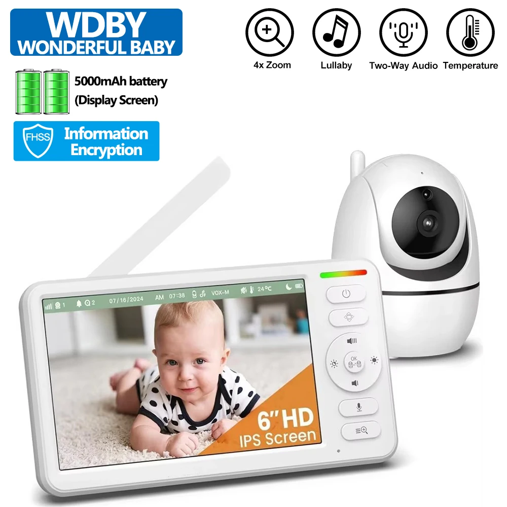 2026 New 6-inch IPS Home Baby Monitor with 5000mAh Battery VOX Mode, Two-Way Audio, Infrared Night Vision,Split Screen Display