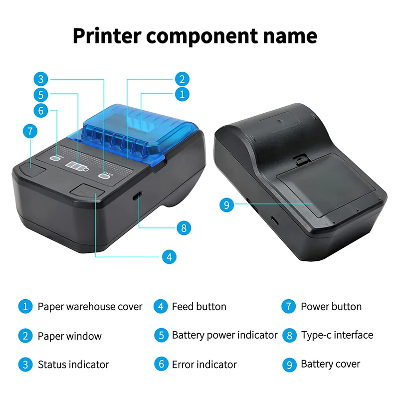 58mm Thermal Label Maker Wireless BT Mini Label Printer Barcode Printer with Rechargeable Battery, B