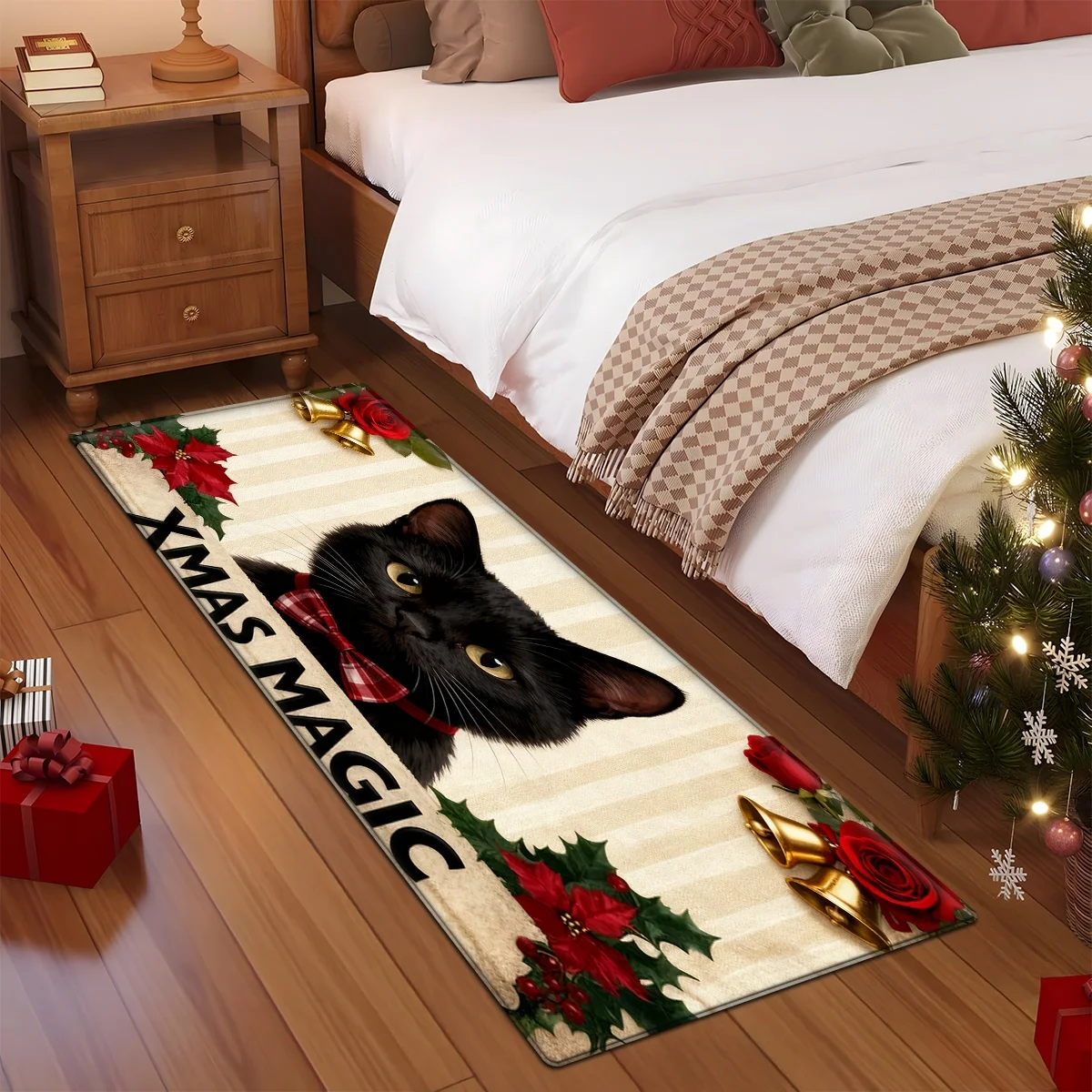 Christmas Black Cat Runner Rug  XMAS MAGIC Letter Poinsettia Bell Print Non Slip Washable Holiday Long Bedroom Floor Mat