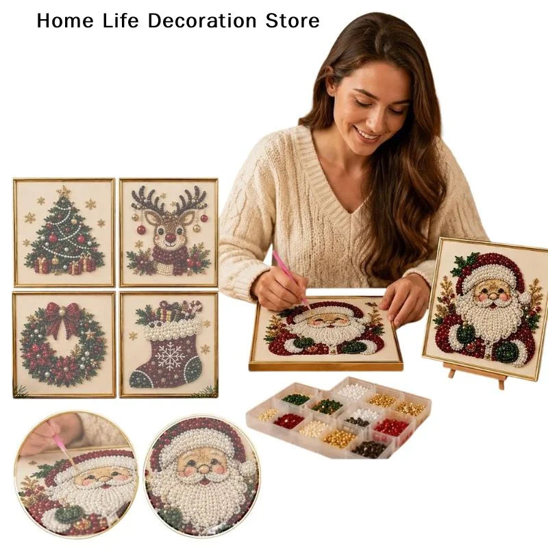 Embroidery Xmas Kits - クリスマスサンタクロースパールアート5D DIYキット フレーム付きビーズ刺繍クラフト 壁飾り 新年カーニバル クリスマスギフト