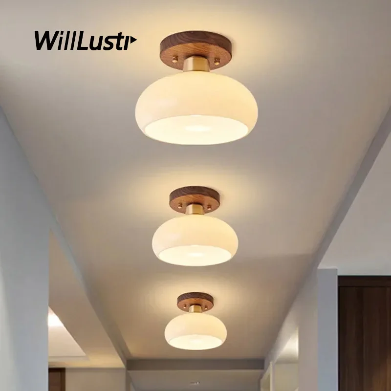 

Milky White Glass Ceiling Lamp Bauhaus Style Creative Walnut Wood Base Light Hotel Cafe Bar Aisle Store Mall Porch LED Lighting