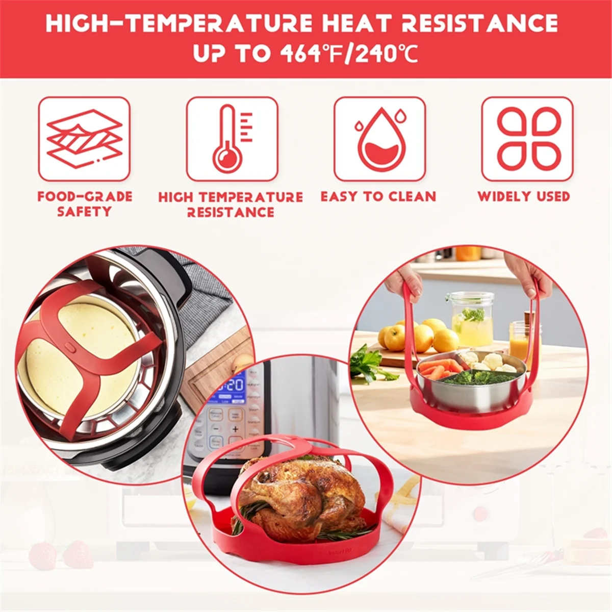 Silikon-Sling-Heber-Zubehör, kompatibel mit Instant Pot 6 Qt und 8 Qt und Schnellkochtöpfen unterschiedlicher Marke, Rot HEISS