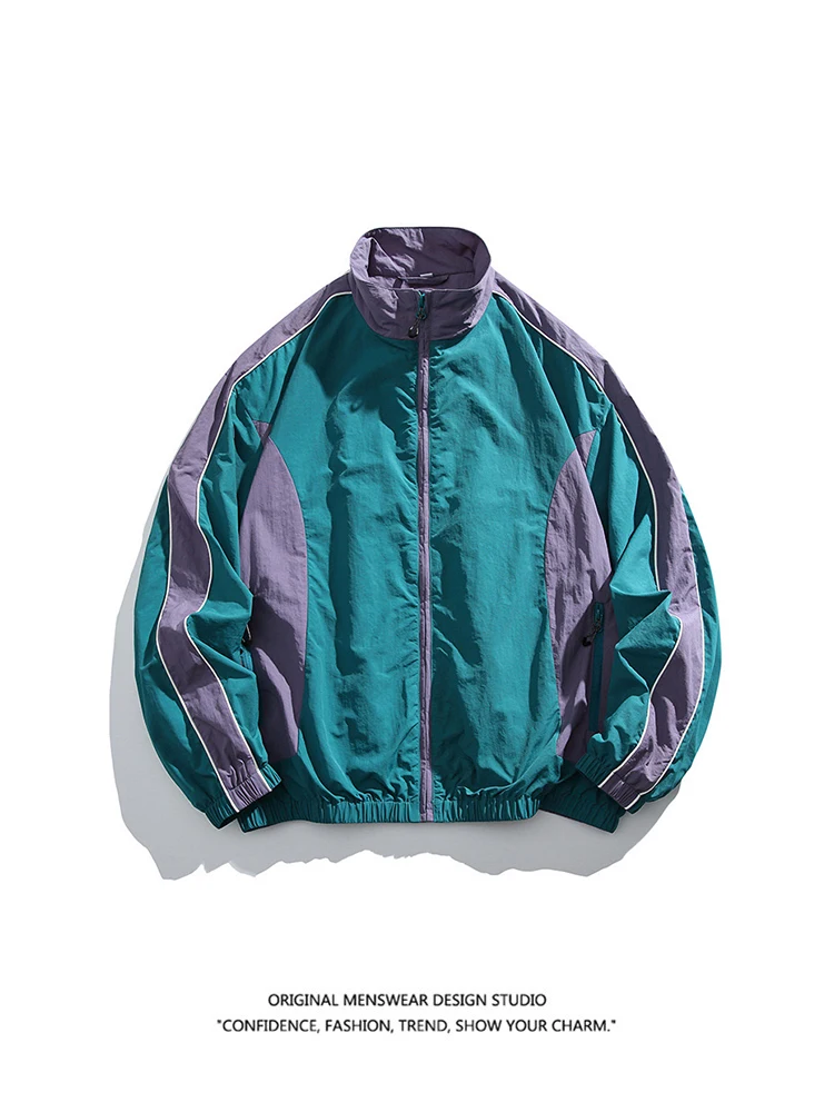 

Qui Dry Stand Collar Jaet Men's Women's Patchwork Reflective Strip Waterproof Spring Autumn Faion Outerwear Coat