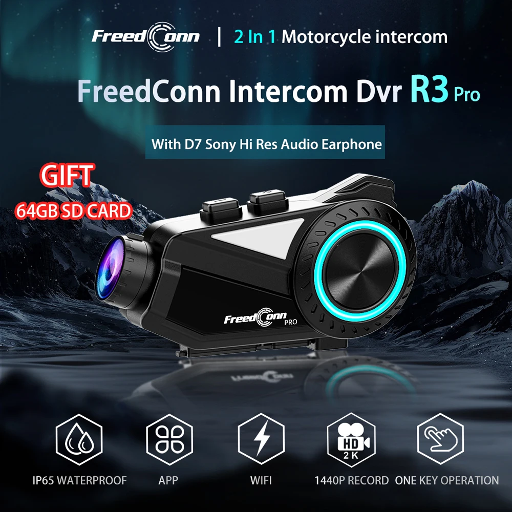 Freedconn R3 Pro Group Helmet Bluetooth Headset Intercom DVR Dash Cam WiFi Video Recorder 1440P APP Music FM for Motorcycle