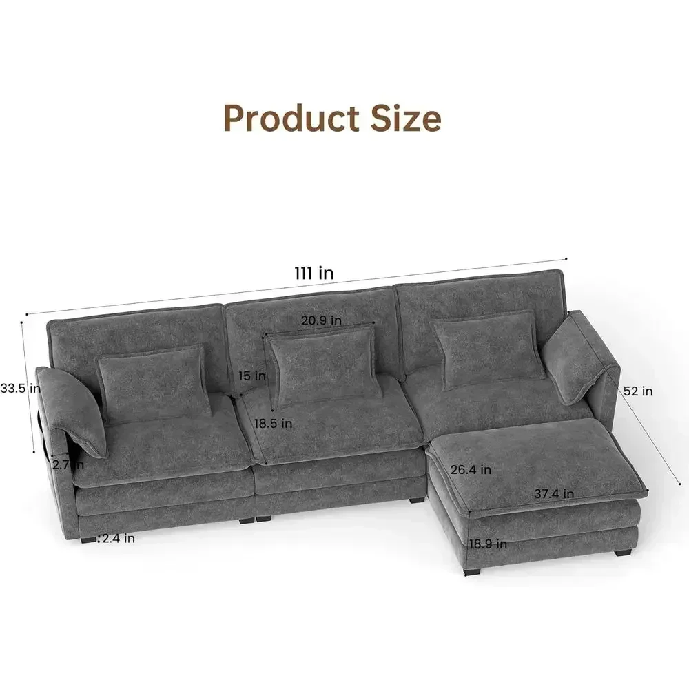 Elegant 111'' L-Shaped Chenille Sofa with Removable Ottoman, Ideal for Home and Business Settings, in Modern Gray