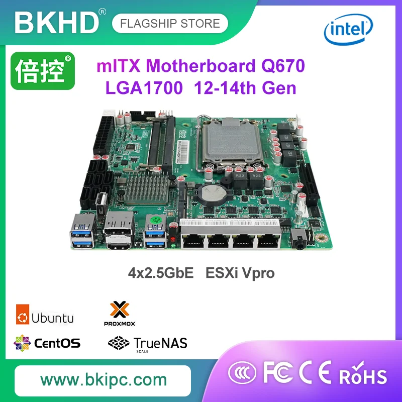 BKHD mITX Płyta główna Q670 LGA1700 4x2.5GbE DDR5 8xSATA PICe x4 Raid dla NAS Firewall Server Kompatybilny TrueNAS OMV ESXi Vpro