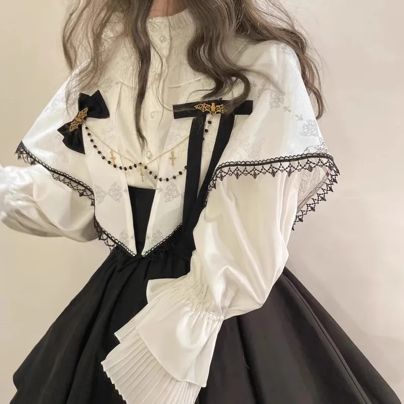 

lolita Gothic Nun costume belted blouse with lantern sleeves long sleeve dressx;8'm6,