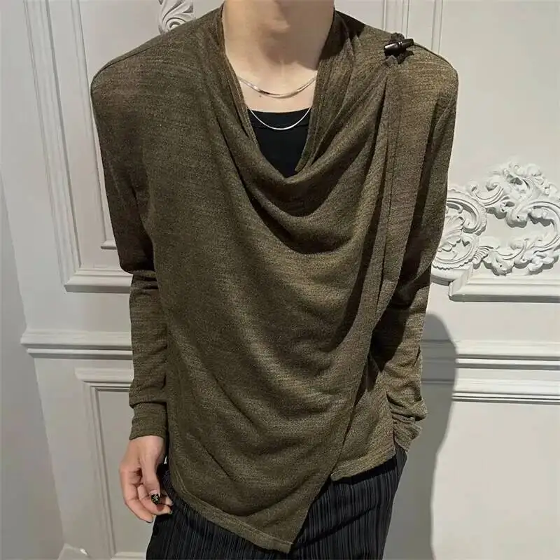 Niche Trendy Men's Long Sleeve T-shirt Irregular Design Sun Protection Clothing Fashion Casual Tops OS9V