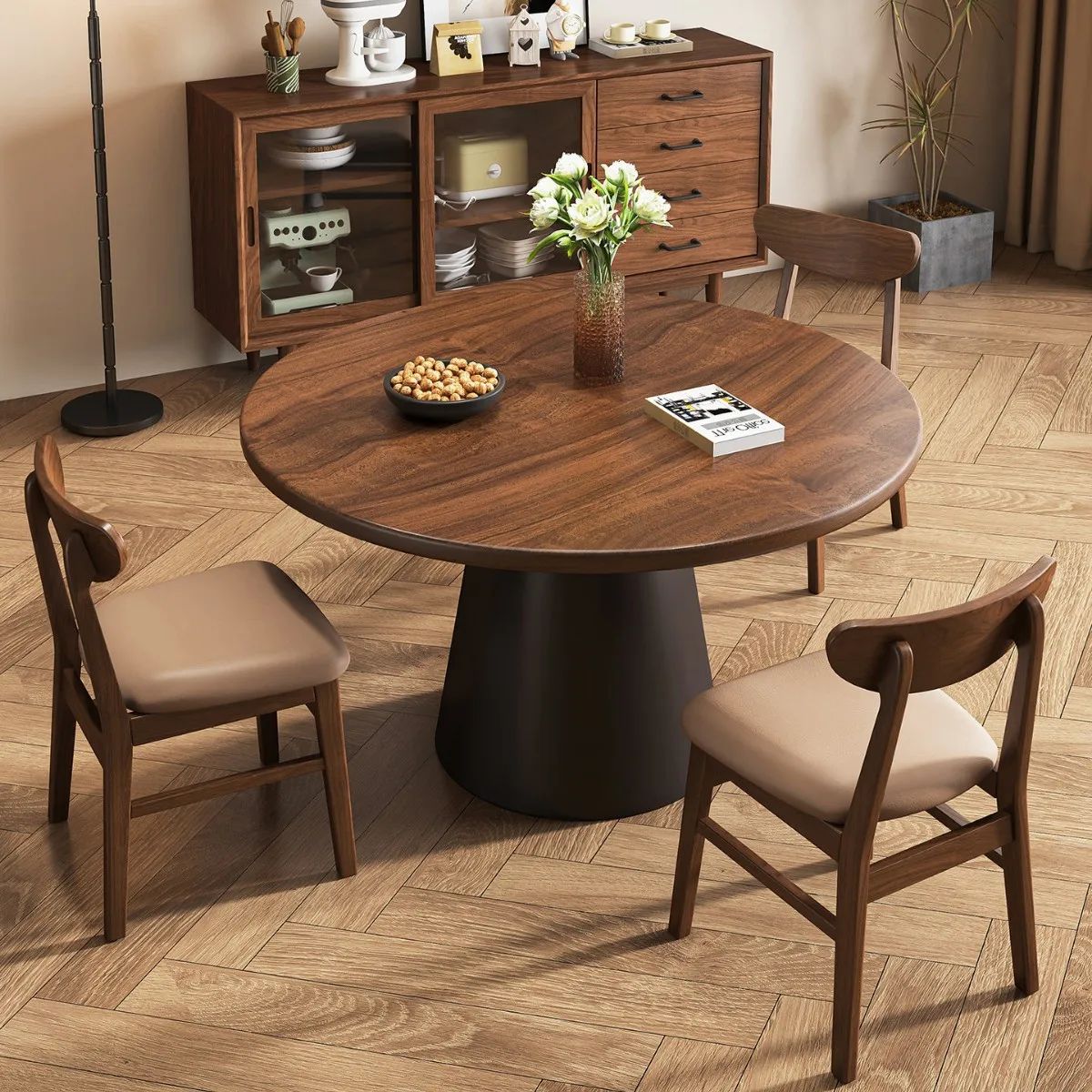 Round solid wood round table dining table retro household walnut color parquet minimalist small apartment dining table
