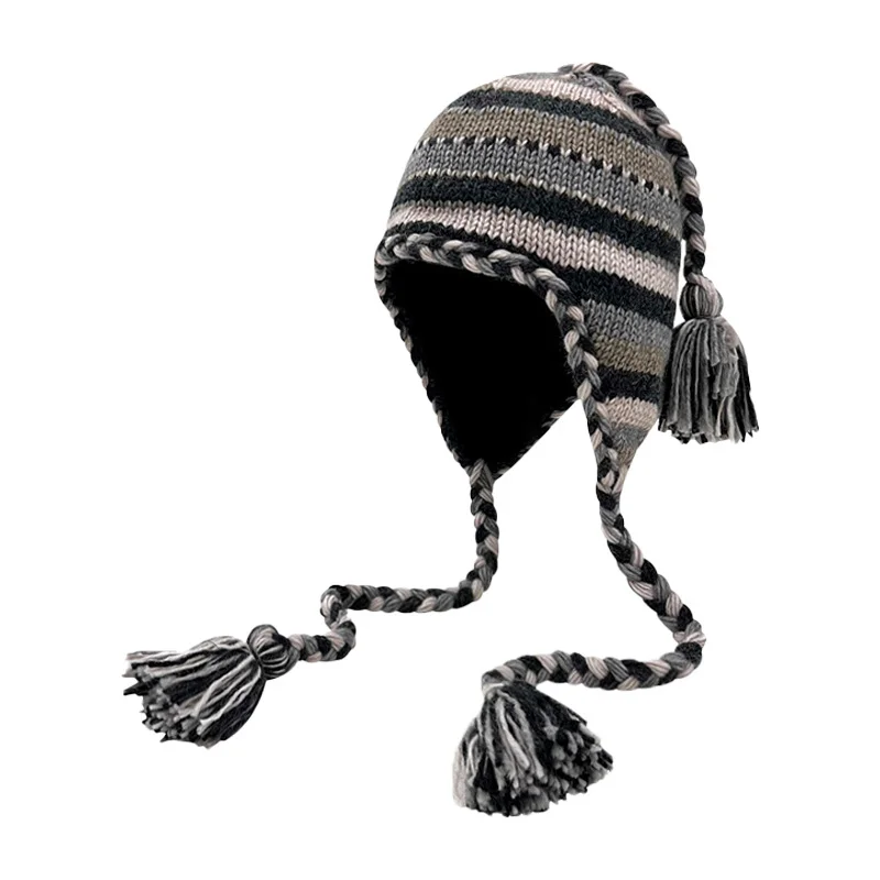 Korean Mixed Color Handmade Knitted Pullover Hat for Men and Women Winter Outdoor Skiing Cycling Ear Protection Bomber Hats
