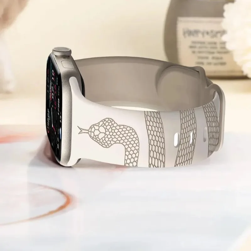 Snake Engraved Silicone Band for Apple Watch Strap 40mm 44 41 45 42 46 38 49mm Bracelet iWatch Series 12 11 10 9 8 7 6 5 4 Ultra