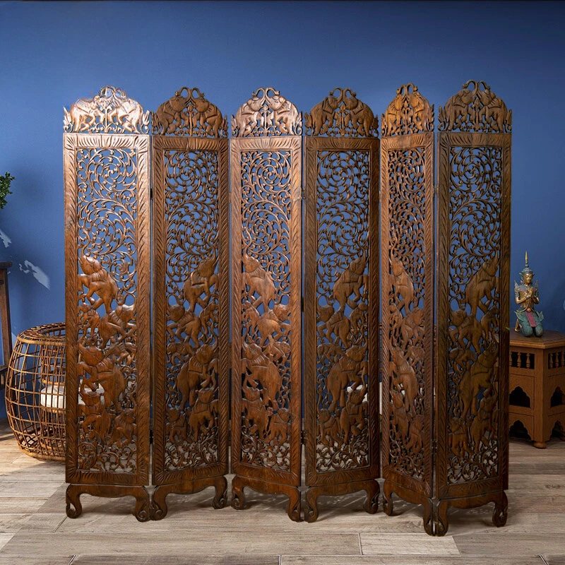 Solid wood double-sided carved elephant folding screen entrance Chinese antique folding screen partition