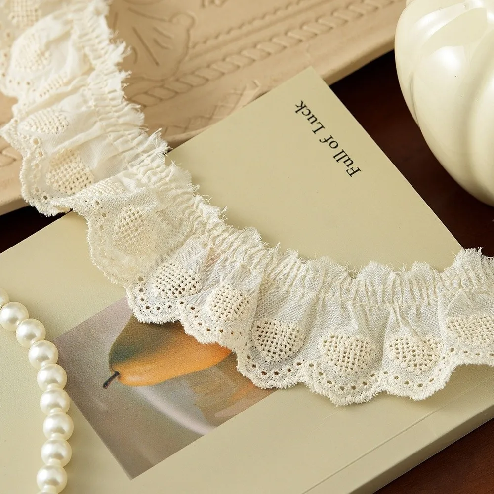 DIY 5cm Wide Ruffle Trim Heart Embroidered Cotton Pleated Fabric Ribbons Handmade Clothing Lace Material Sewing Accessories