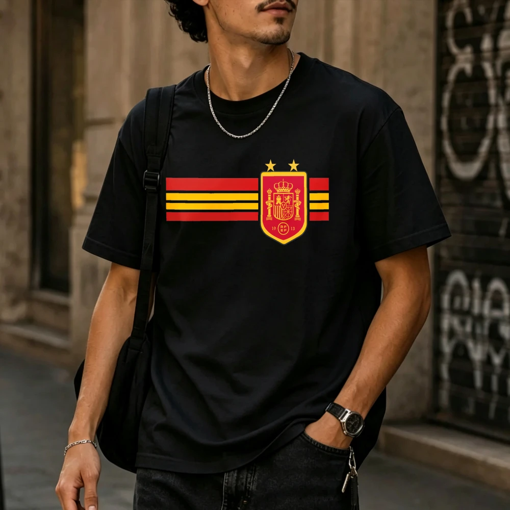 Spain Two Star National Crest Horizontal Flag Strip Men Cotton T-Shirt Minimal Country Team Simple Badge Graphic Short Sleeve