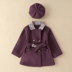 Baby Girls Woolen Jacket Coat With Berets Hat Clothes Set Children Kids Plaid Classical Outerwear for 2 3 4 5 6 Years