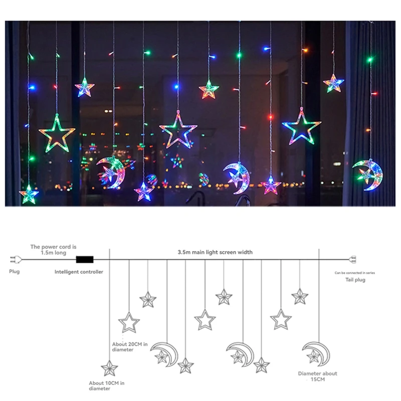 Fairy String Lights para janela interior, estrela de lua natalina, USB e bateria