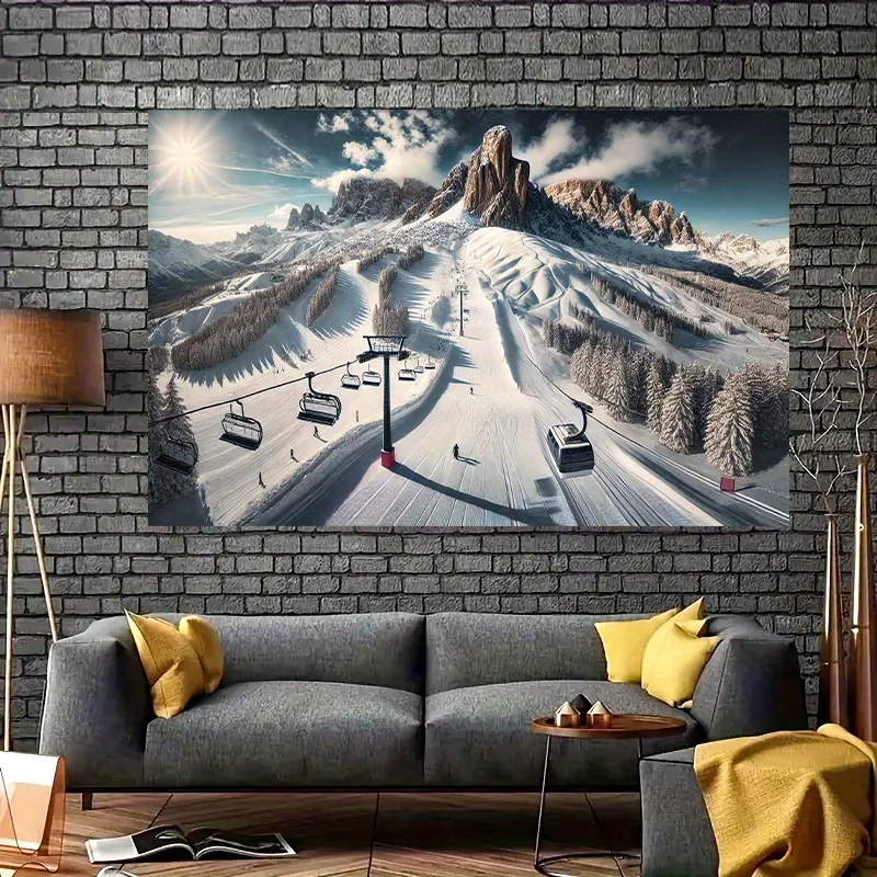 Realistic Snowy Alpine Mountain Ski Resort Landscape Wall Tapestry Large Photo Print Canvas Wall Hanging Winter Decor Art
