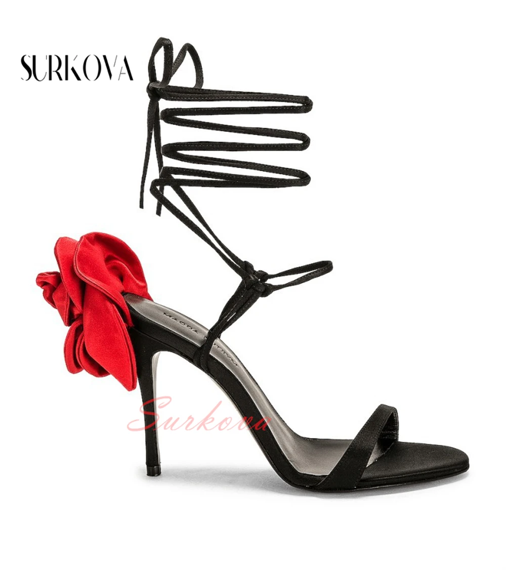 

Back Heel Satin Rose Feminine Stilettos Sandals Round Toe Narrow Band Thin Ankle Straps High-Heeled Sandals Women Dress Shoes