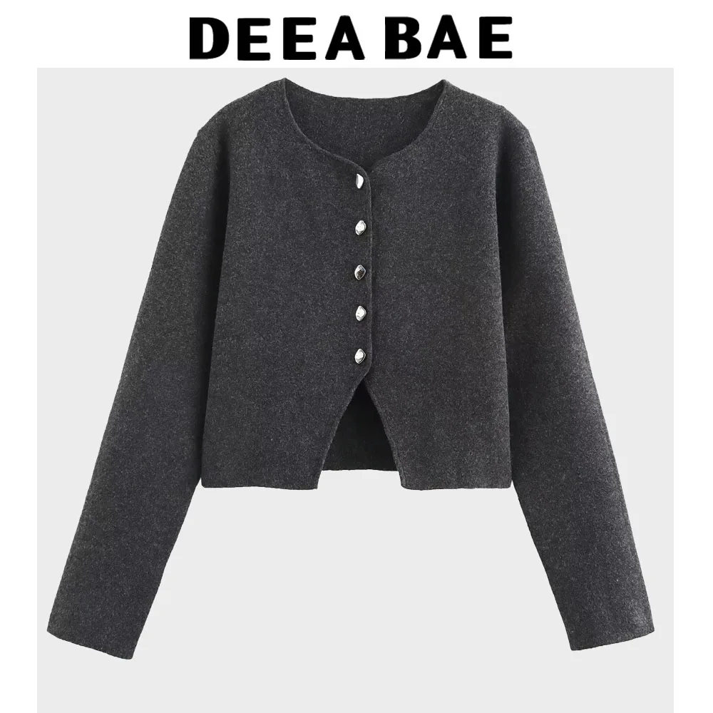 DEEABAE Women's Winter Versatile Casual Plain Knitted Cardigan Temperament Simple Metal Button Long Sleeve Round Neck Short Coat