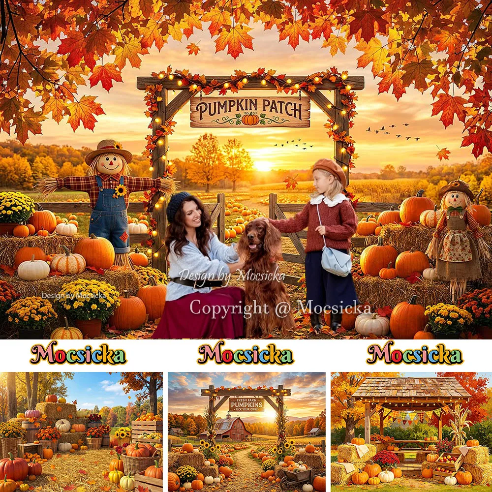 Mocsicka Rustic Fall Farm Backdrop Photography Pumpkin Sunset Wooden Fence Harvest Background Thanksgiving Holiday Family Photo