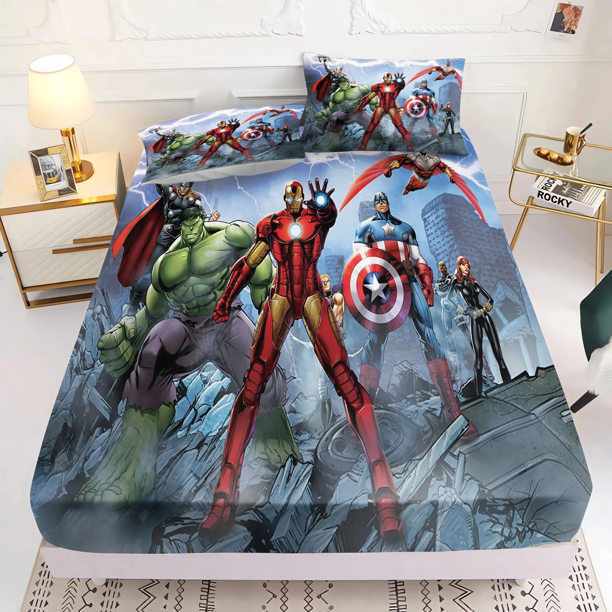 Cartoon The Avengers Bedding Fitted Sheet,Disney Marvel Hero Anime Mattress Cover,King Size Bed Cover